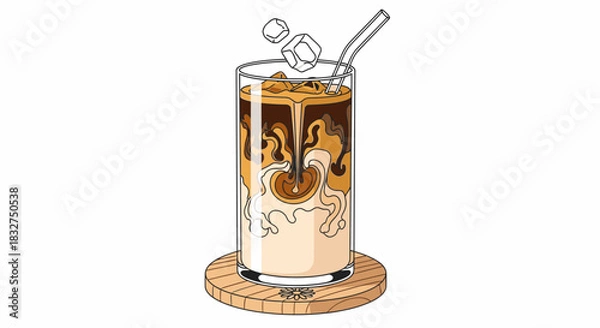 Obraz An appealing illustration of a tall glass of iced coffee, featuring creamy milk swirling into a dark brew, with ice cubes and a wooden coaster.
