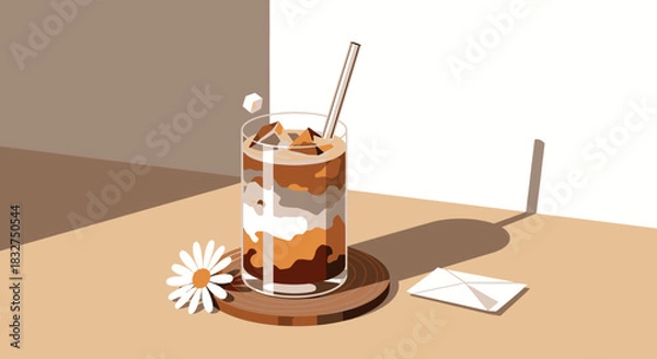 Obraz This minimalist illustration beautifully captures a refreshing layered iced coffee with a straw, a delicate daisy, and a small white card.