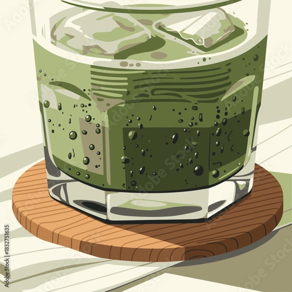 Obraz An invigorating green iced drink in a faceted glass, complete with condensation and a stylish wooden coaster, offers a cool and healthy refreshment.