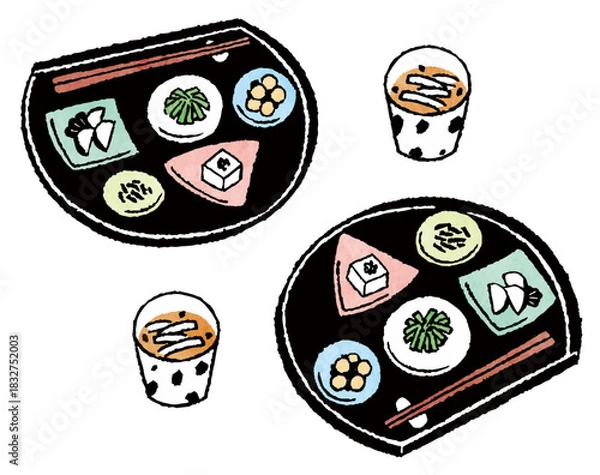 Obraz 手描き風の和食セット料理を並べたイラスト（家庭料理・小鉢付き）