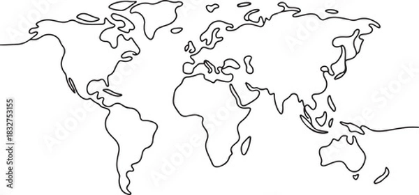 Obraz Continuous one line drawing. World map.one line  vector illustration  with out background