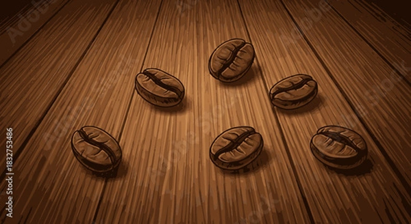 Obraz Six aromatic roasted coffee beans are artfully scattered across a warm, rustic wooden tabletop, evoking the rich essence of a morning brew.