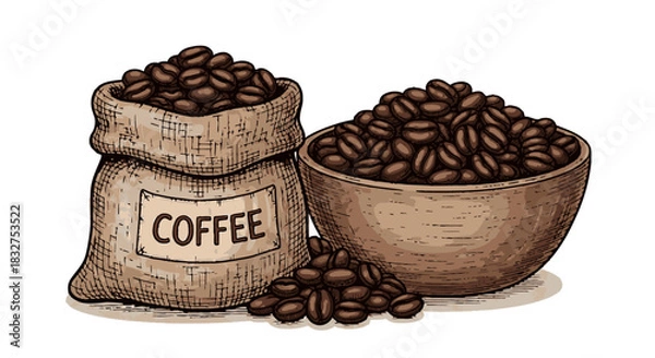 Obraz An artistic hand-drawn illustration depicting roasted coffee beans in a rustic burlap sack and a wooden bowl, perfect for beverage-related designs.