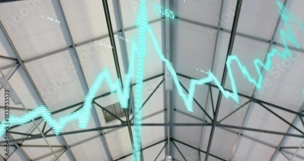 Fototapeta Floating teal line graph crossing pitched roof inside warehouse, showing steel trusses, ridge beam