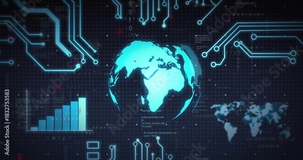 Fototapeta Showing stylized glowing globe pulsing over dark grid dashboard, with circuit traces and bar chart