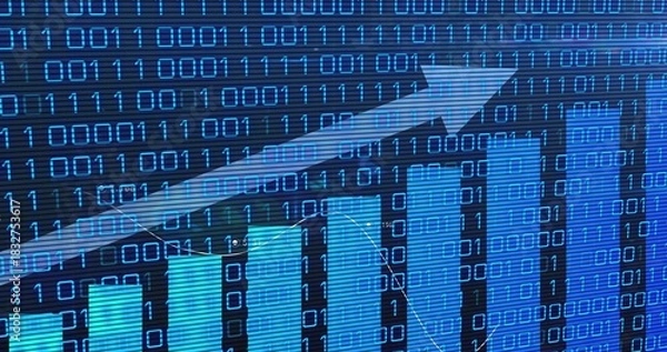 Obraz Displaying digital ascending bar chart tracing diagonal arrow in data dashboard with binary code