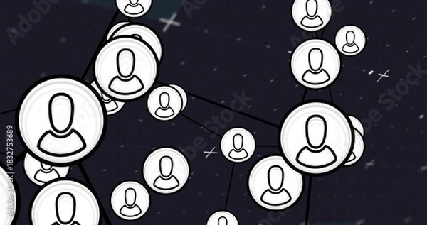 Obraz Connecting cluster of avatar badges forming network on dark starry background, with connector lines