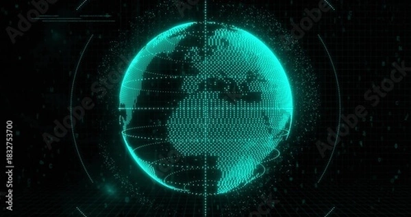 Obraz Rotating holographic globe projecting cyan dot-matrix continents over dark 3D grid, with HUD rings