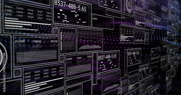 Obraz Displaying floating UI panels receding right in virtual dashboard, showing line graphs, numeric IDs