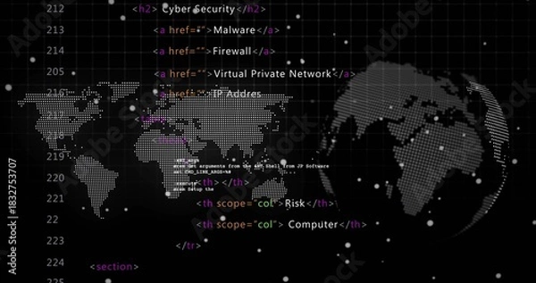 Obraz Displaying dotted world map and dotted 3D globe pulsing in cyber dashboard, with code