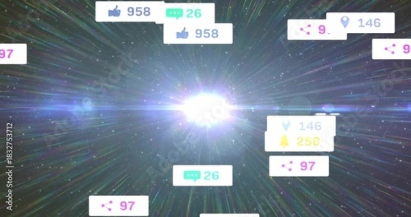 Fototapeta Radiating bright lens-flare sending streaks across dark starfield, floating notification badges