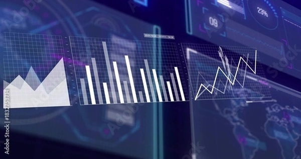 Fototapeta Displaying translucent dashboard panels across virtual command center, with area, bar, line charts
