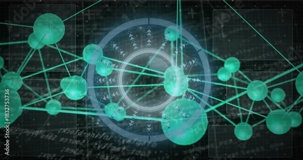 Obraz Displaying network cluster converging on holographic hub, with teal spheres and glowing lines