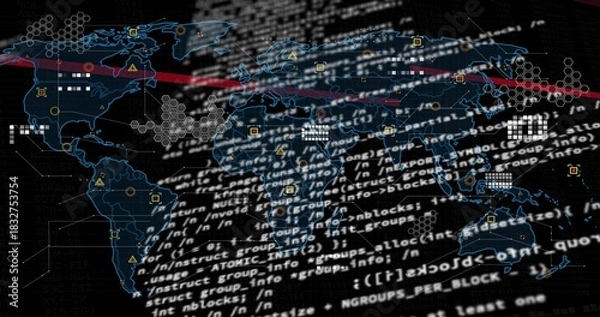Obraz Displaying stylized world map centered in cyber dashboard, overlaying white code text with hexes