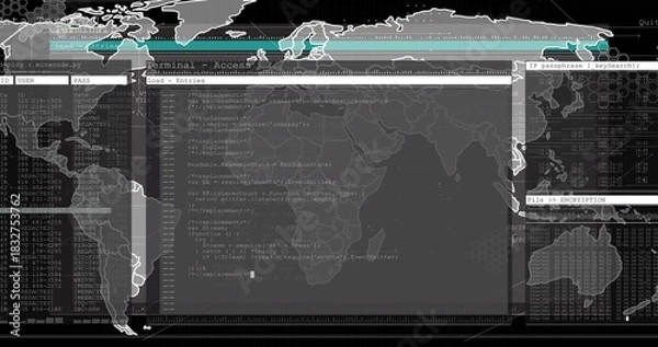 Obraz Displaying central terminal running code and file tree on network dashboard, showing world map