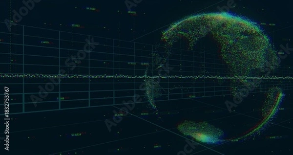 Obraz Visualizing dense multicolor point cloud globe drifting in 3D grid, with numeric labels, copy space