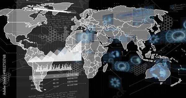 Fototapeta Displaying world map graphic on gridded digital dashboard with bar and line charts, timestamps, HUD