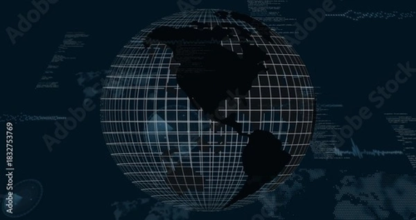 Fototapeta Displaying large wireframe globe rotating over dark dashboard, showing radar code waveform overlays