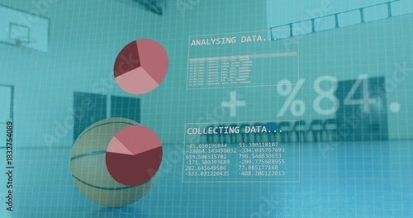 Fototapeta Displaying basketball and floating pie-chart HUD overlays on gymnasium court, with %84 data