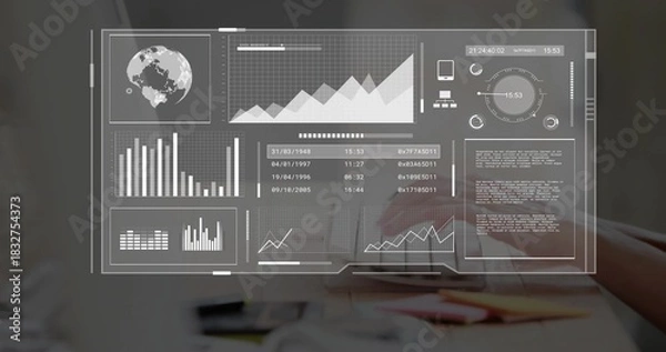 Obraz Filling frame transparent digital dashboard overlay showing charts over desk, hands typing laptop