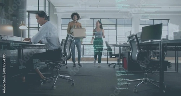 Fototapeta Walking colleagues in casual attire holding laptop, passing desks in office with code overlay