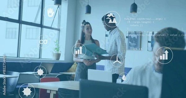 Obraz Reviewing pair in checked shirt and striped dress holding teal folder in office with data overlays