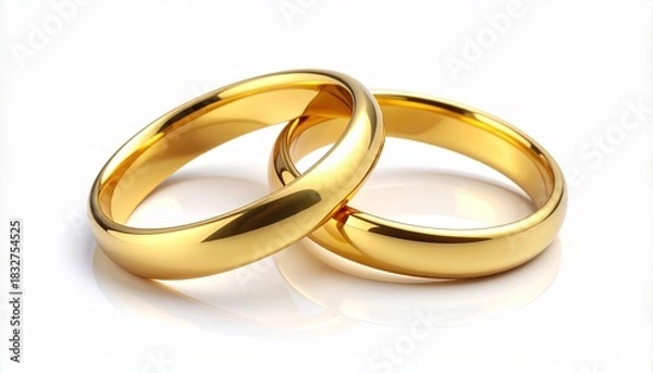Fototapeta Two gold wedding bands on white background symbolizing unity and commitment