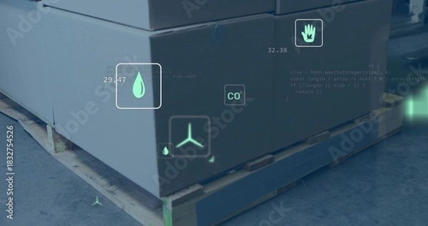 Obraz Displaying large cardboard boxes on wooden pallet in warehouse, with AR water 29