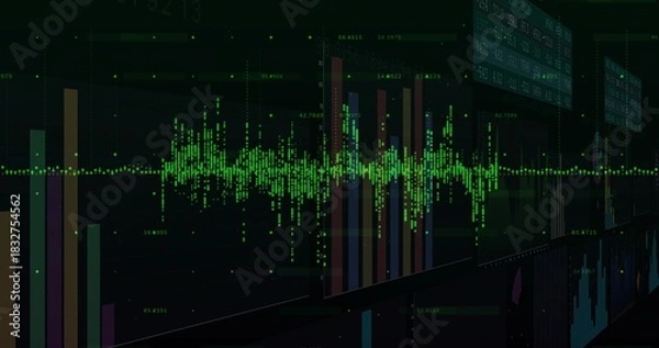 Obraz Showing green dotted waveform pulsing across dark data dashboard with multicolor bars, gridlines