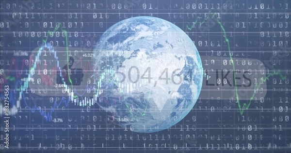 Obraz Showing Earth globe rotating in dashboard with binary code line charts percent tags like counter