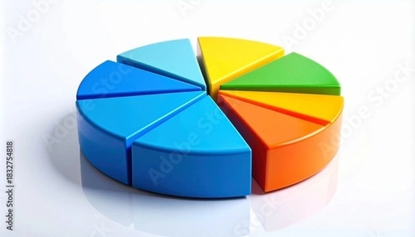 Fototapeta 3D pie chart with eight colorful segments on reflective white surface