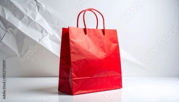 Fototapeta Red paper shopping bag with twisted handles on white surface and crumpled paper background
