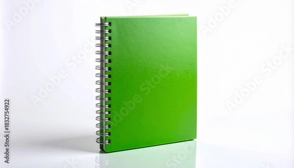 Fototapeta Green spiral-bound notebook standing upright on white background
