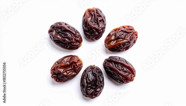 Fototapeta Five dried raisins with wrinkled texture on white background