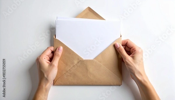 Fototapeta Hands holding brown envelope with card, surrounded by rustic gifts on white surface