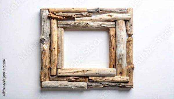 Fototapeta Rustic driftwood picture frame with pine branch on white background