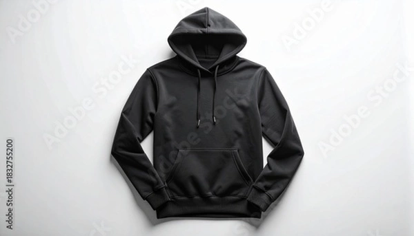 Fototapeta Black hoodie with kangaroo pocket and drawstrings on white surface