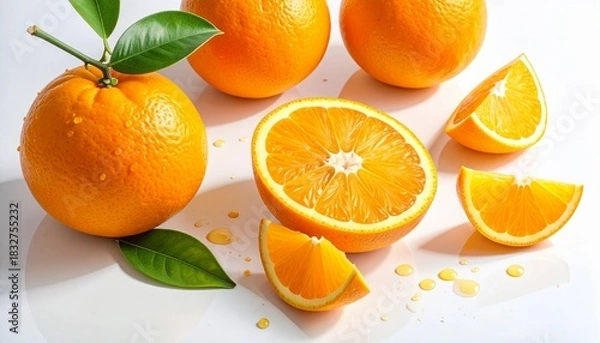 Fototapeta Fresh oranges with juice splashes and green leaves on white surface