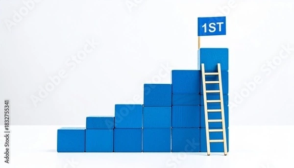 Fototapeta Blue staircase blocks with ladder and 1st place flag