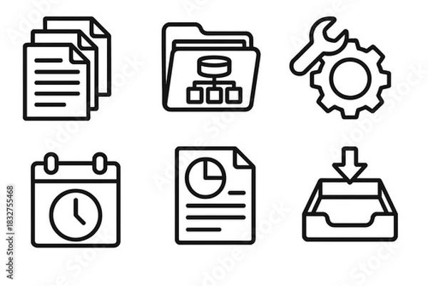 Fototapeta Batch Processing Icons. Batch Processing linear icon set. file queue, dataset folder, automation gear, scheduled task icon, report output, processing tray.