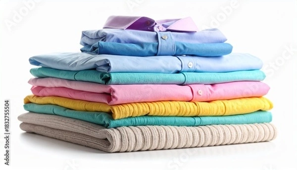 Fototapeta Folded stack of colorful clothes and towels on white surface