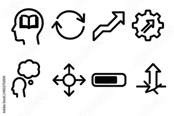 Fototapeta Human Development Icons. Human Potential Development Actions linear icon set: learn icon, practice loop, refine arrow, apply gear, reflect bubble, adapt symbol, progress bar