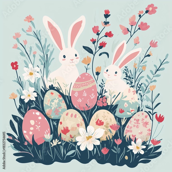 Fototapeta Happy Easter, Modern flat design with flowers, eggs and bunnies, pastel colors. Vector illustration