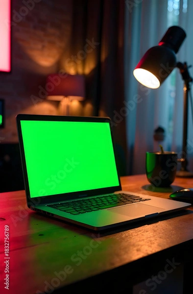 Fototapeta A laptop sits on a wooden desk, displaying a bright green screen