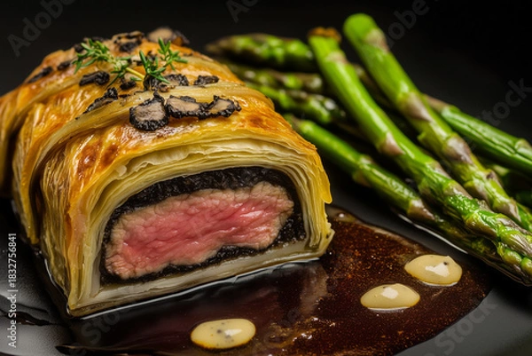 Fototapeta Beef Wellington with chanterelles, asparagus and black truffle
