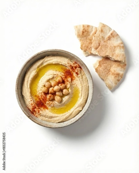 Obraz Homemade Hummus Bowl with Olive Oil and Pita Bread Isolated on White Background | Top View of Healthy Mediterranean Chickpea Dip with Paprika and Pine Nuts