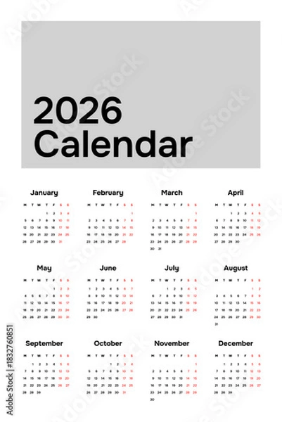 Fototapeta 2026 Wall Calendar Vertical Portrait Template, editable with simple and modern design
