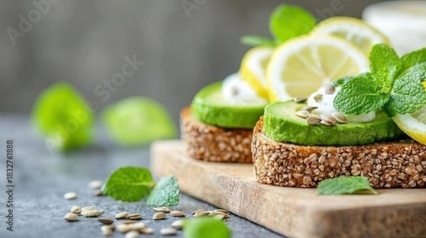 Fototapeta Close-up of avocado toast with lemon, mint, and seeds on a wooden board. Healthy food concept.