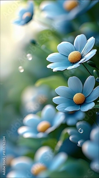 Fototapeta Close-up of vibrant blue daisies with yellow centers, set against a soft, blurred green background, creating a dreamy, bokeh effect.