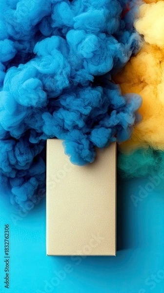 Fototapeta A beige book with blue, yellow and green smoke on a blue background. Abstract and colorful.